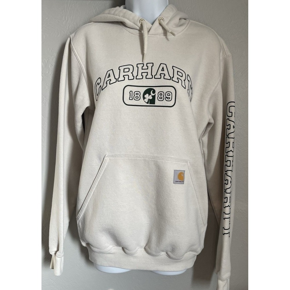 Carhartt‎ Hoodie Womens Size XS Ivory Loose Fit Shamrock Irish Hooded Sweater